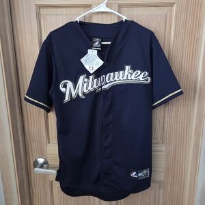 NWT Milwaukee Brewers Majestic MLB Baseball Jersey Navy Gold Small